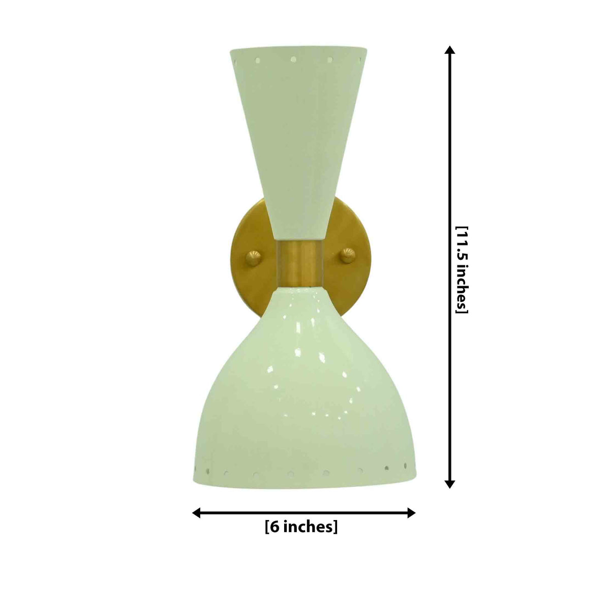Amsterdam diabolo wall sconce with enamel painted double cone shades, raw brass arm and round canopy