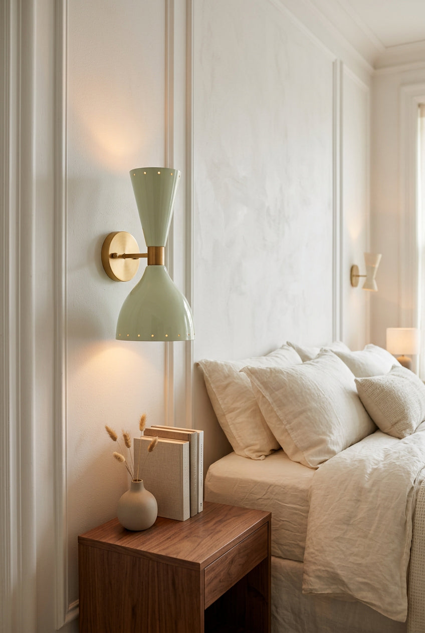 Tiltable double cone wall light with enamel shades and raw brass details in a sculptural diabolo design