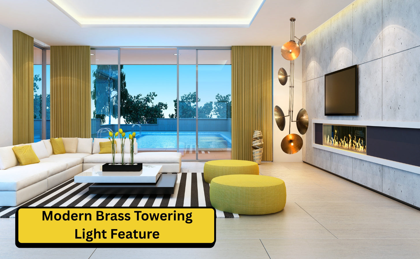 Brass chandelier angled view with gold disc shades and soft lighting