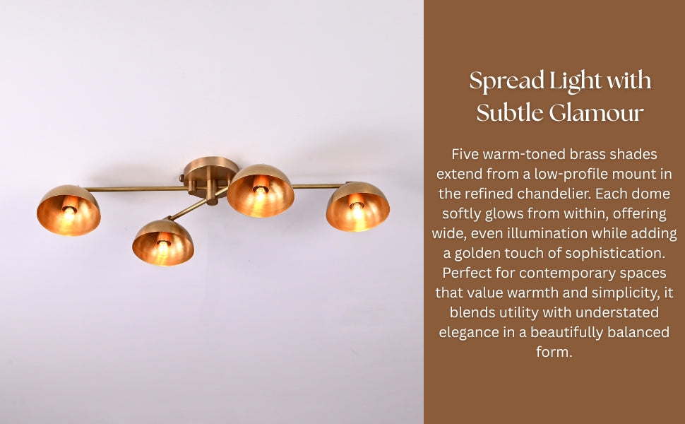 Wide-angle view of low-profile 4-light brass patina dome chandelier – ideal for modern and mid-century spaces