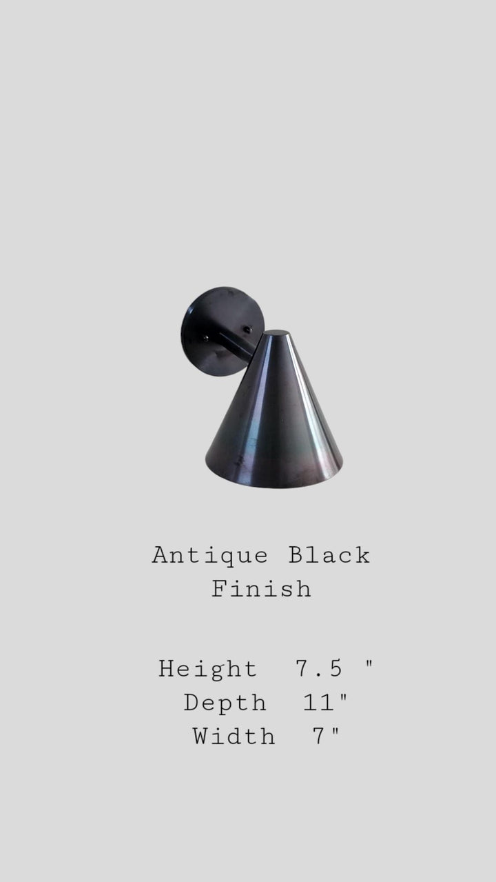 Antique black finish brass cone wall light showing height, depth, and width dimensions for interior installation reference.