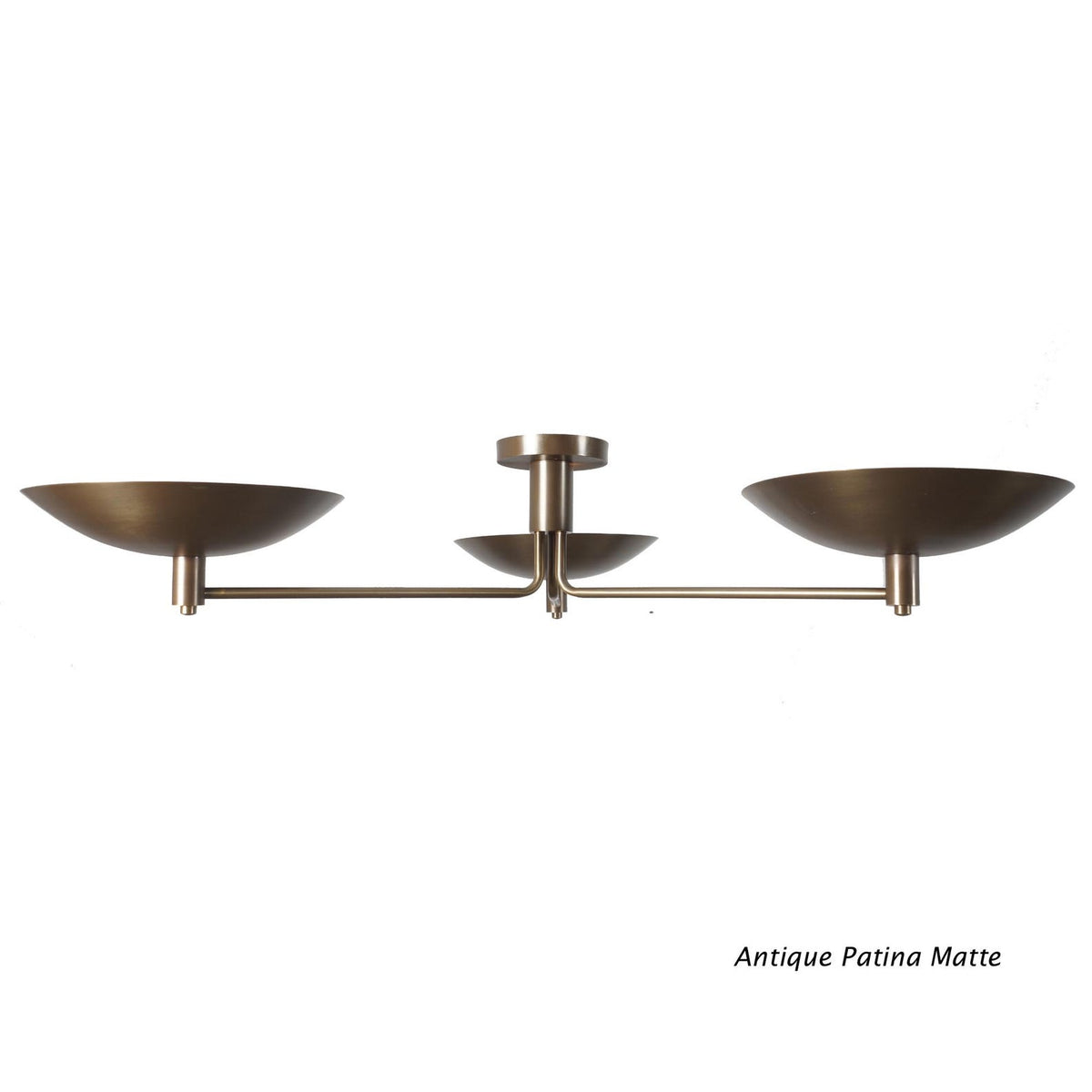 Antique patina matte 3-light flushmount ceiling light with warm vintage brass tone and handcrafted texture
