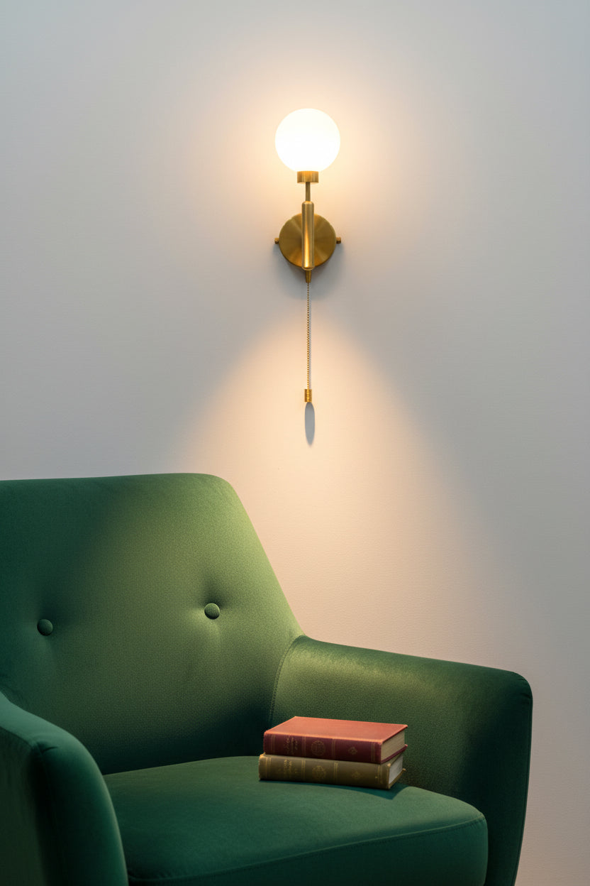 Antwerp globe sconce side view showing slim brass arm, round backplate, vertical body, and opal globe shade