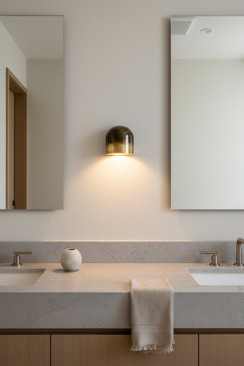 Architectural dual patina wall light with rounded brass shade designed for modern interior accent lighting