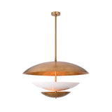 Art Deco inspired pendant light with tiered disc silhouette, warm brass tone, and soft ambient glow for statement décor