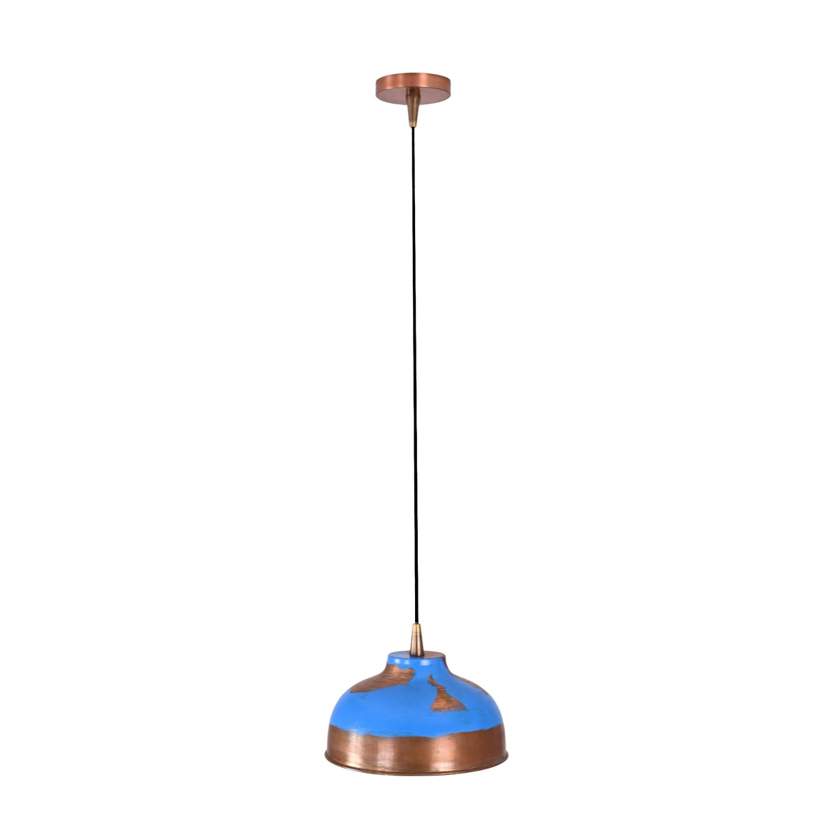 Artistic dome ceiling pendant with blue patina finish, exposed copper details, and black suspension cord