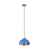 Artistic dome ceiling pendant with blue patina finish, exposed copper details, and black suspension cord