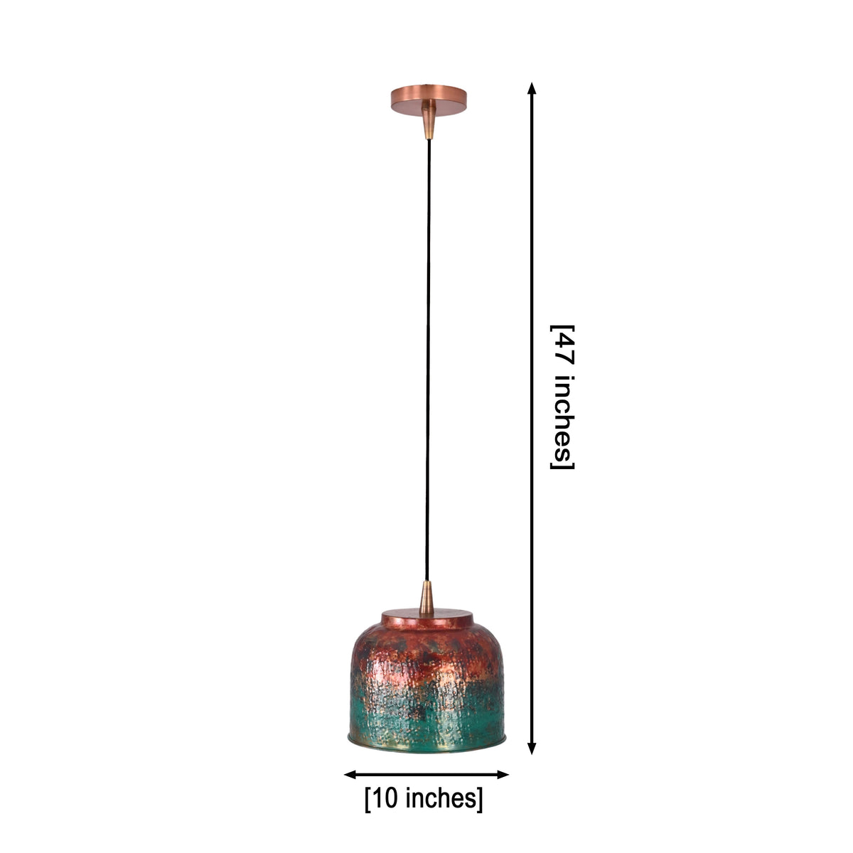 Artistic copper pendant light with teal and red textured finish installed in a cozy library reading room