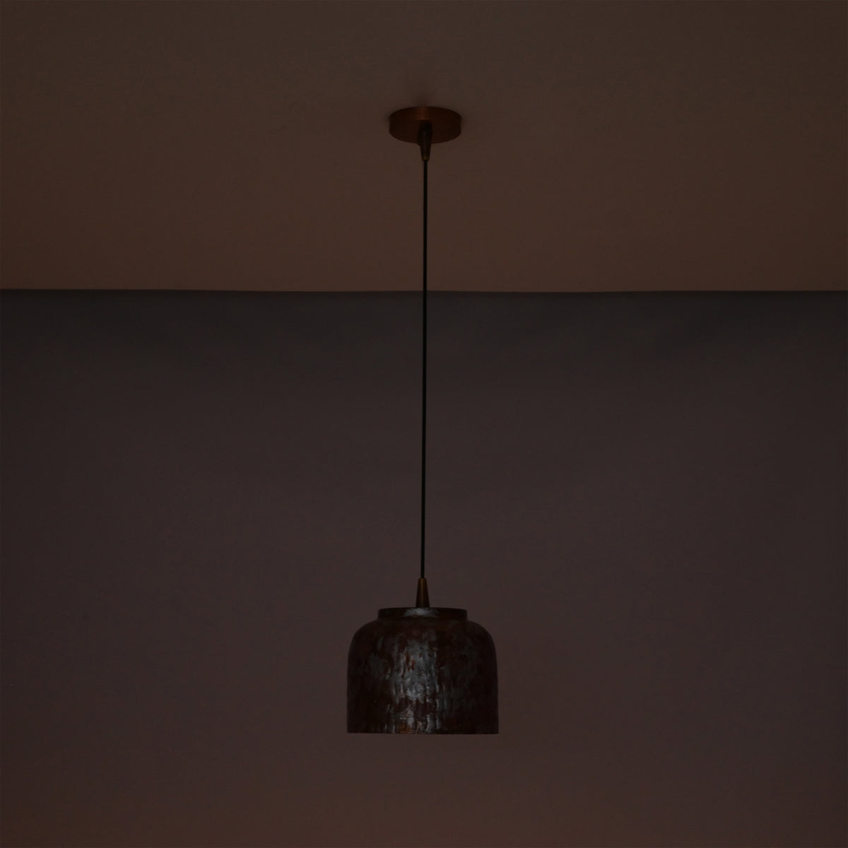 Brass Leaf Studio artistic drum pendant light with textured copper finish for kitchen, dining, and bar spaces
