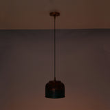 Artistic finish ceiling pendant light with black cord, copper canopy, and multicolor rounded shade design
