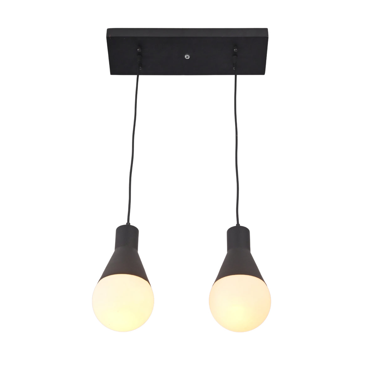 Close-up of the Aspen Dual Socket Pendant Chandelier highlighting handcrafted tapered metal socket housings and warm glowing globe bulbs.