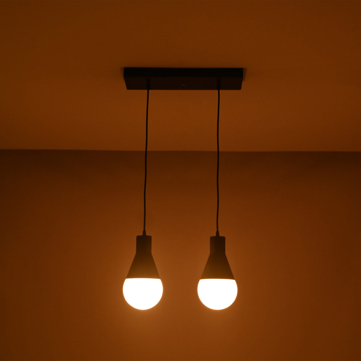Angled illuminated view of the Aspen Dual Socket Pendant Chandelier with two glowing globe bulbs in a modern minimalist design.