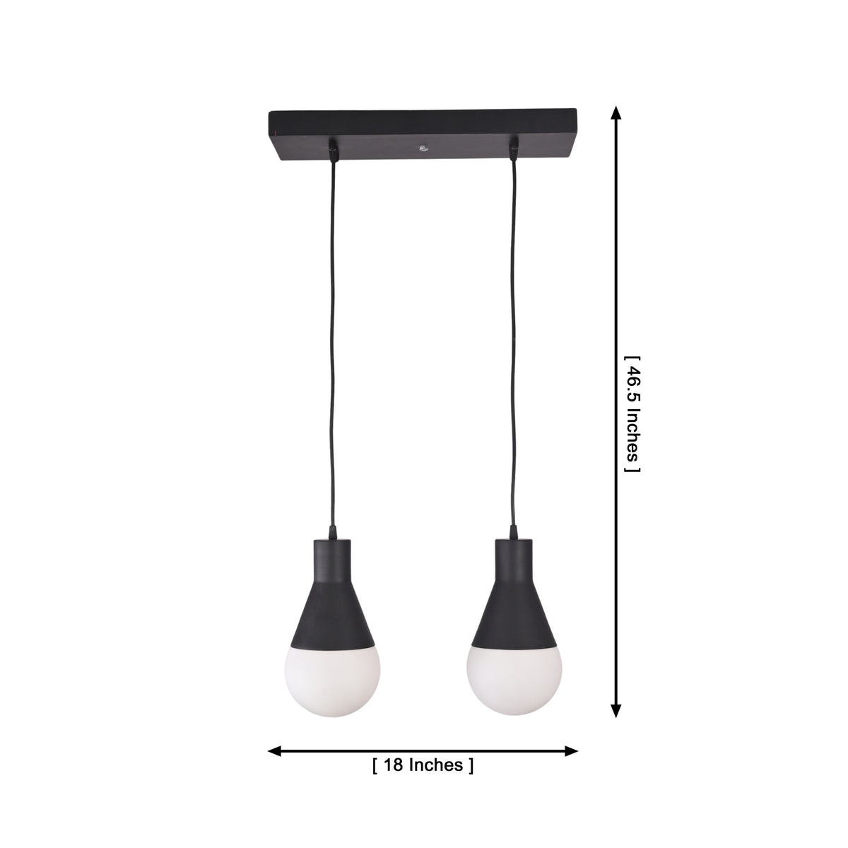 Aspen Dual Socket Pendant Chandelier 2 Light Model 33242 dimensions showing 18-inch width and 46.5-inch adjustable hanging height.