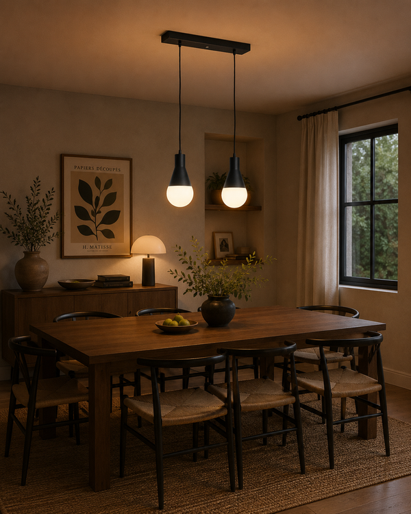 Aspen Dual Socket Pendant Chandelier 2 Light installed above a modern dining table, providing warm ambient lighting in a contemporary Scandinavian dining room.