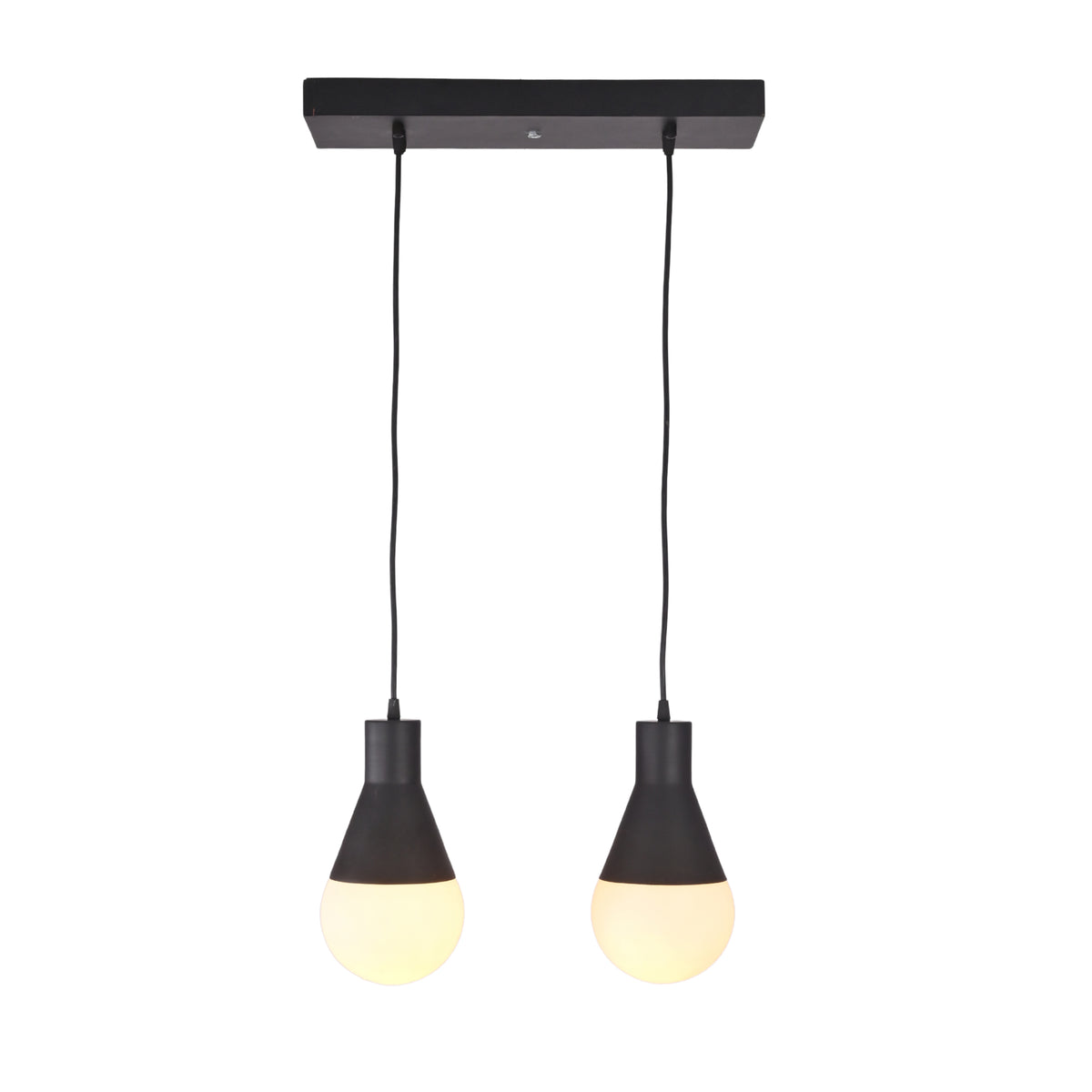 Angled view of the Aspen Dual Socket Pendant Chandelier featuring two illuminated globe bulbs and adjustable cord suspension.