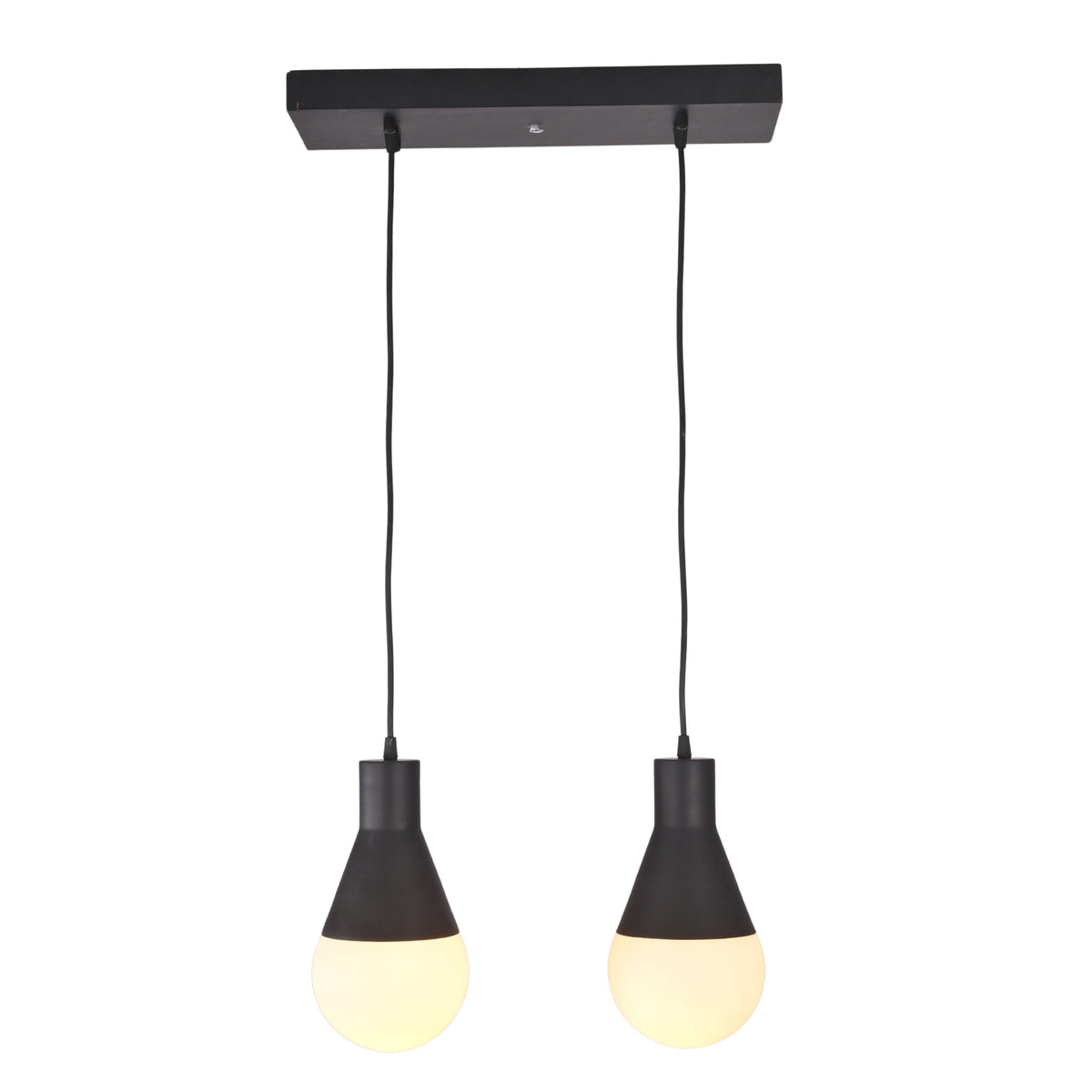 Aspen Dual Socket Pendant Chandelier 2 Light Model 33242 front view illuminated with warm globe bulbs and matte black finish.
