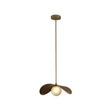 Aspen Sculptural Crescent Pendant Light 22 Inch Model 33251 featuring handcrafted curved brass wings surrounding a softly illuminated frosted glass globe.