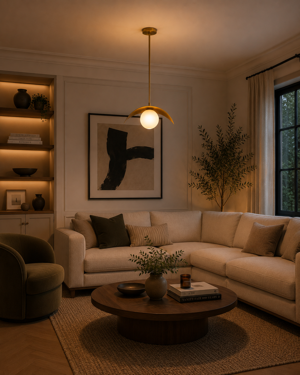 Aspen Sculptural Crescent Pendant Light 22 Inch Model 33251 installed in a contemporary living room, providing warm ambient illumination with its sculptural brass wings and frosted globe.