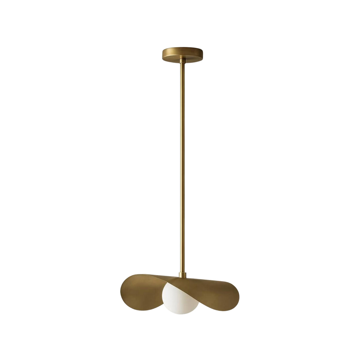 Front view of the Aspen Sculptural Twisted Wing Pendant Light 22 Inch Model 33251 featuring handcrafted curved brass wings with a frosted glass globe.