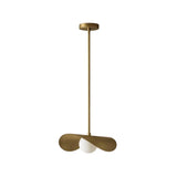 Front view of the Aspen Sculptural Twisted Wing Pendant Light 22 Inch Model 33251 featuring handcrafted curved brass wings with a frosted glass globe.