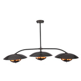 Astra Halo 3 light black chandelier with warm reflective saucer shades glowing in a dark interior setting