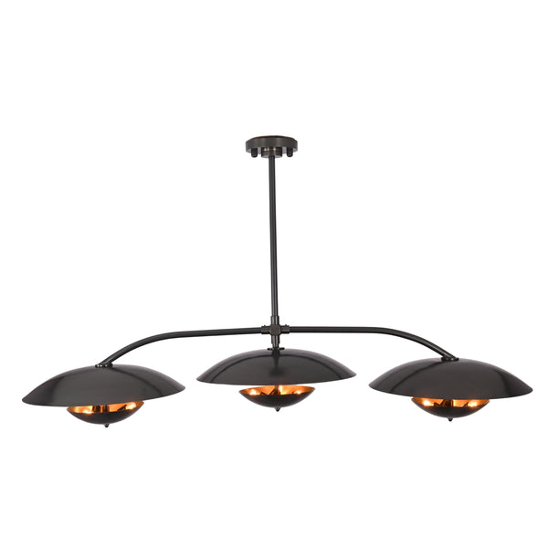 Astra Halo 3 light black chandelier with warm reflective saucer shades glowing in a dark interior setting