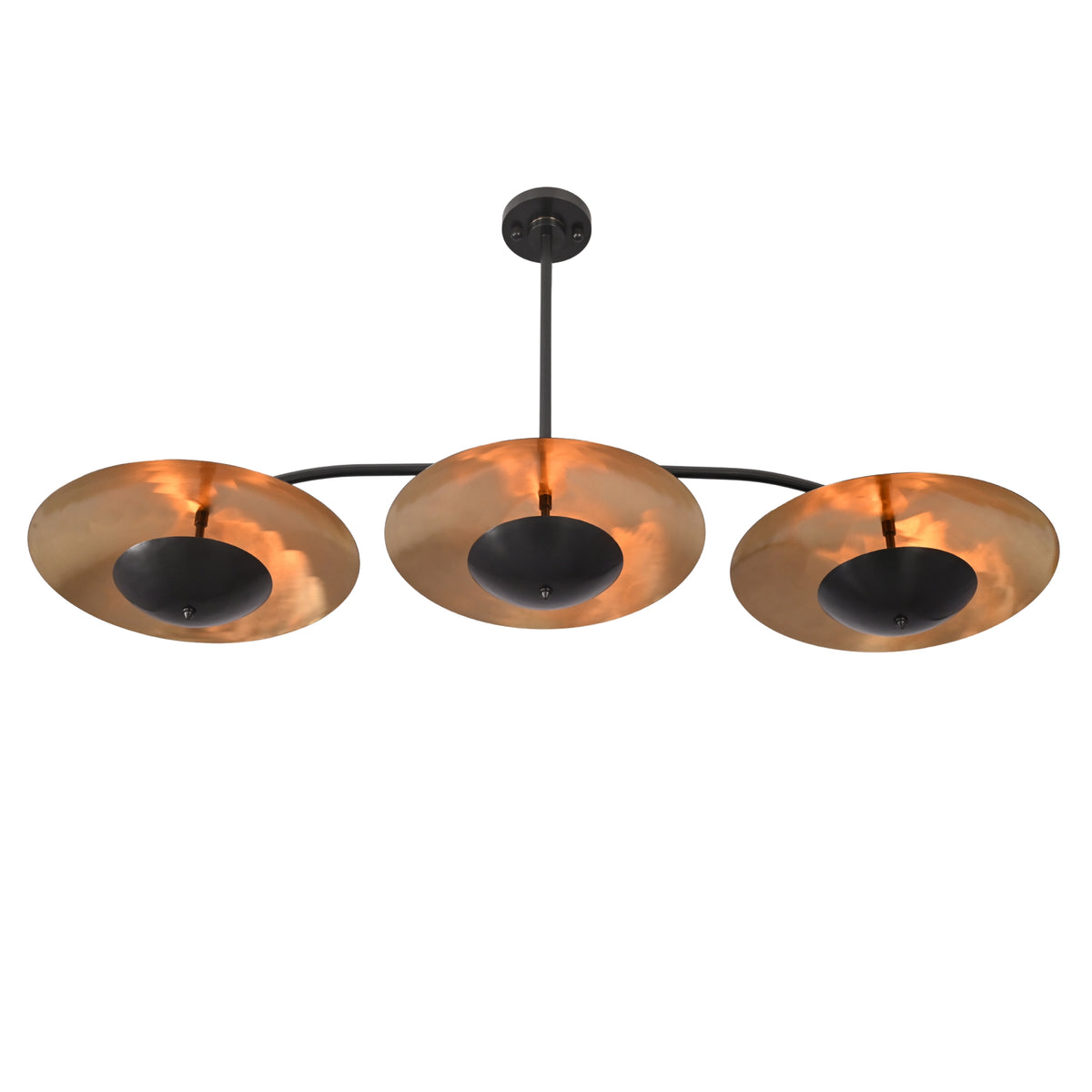 Mid century modern linear ceiling light with three saucer shades and wide architectural chandelier silhouette