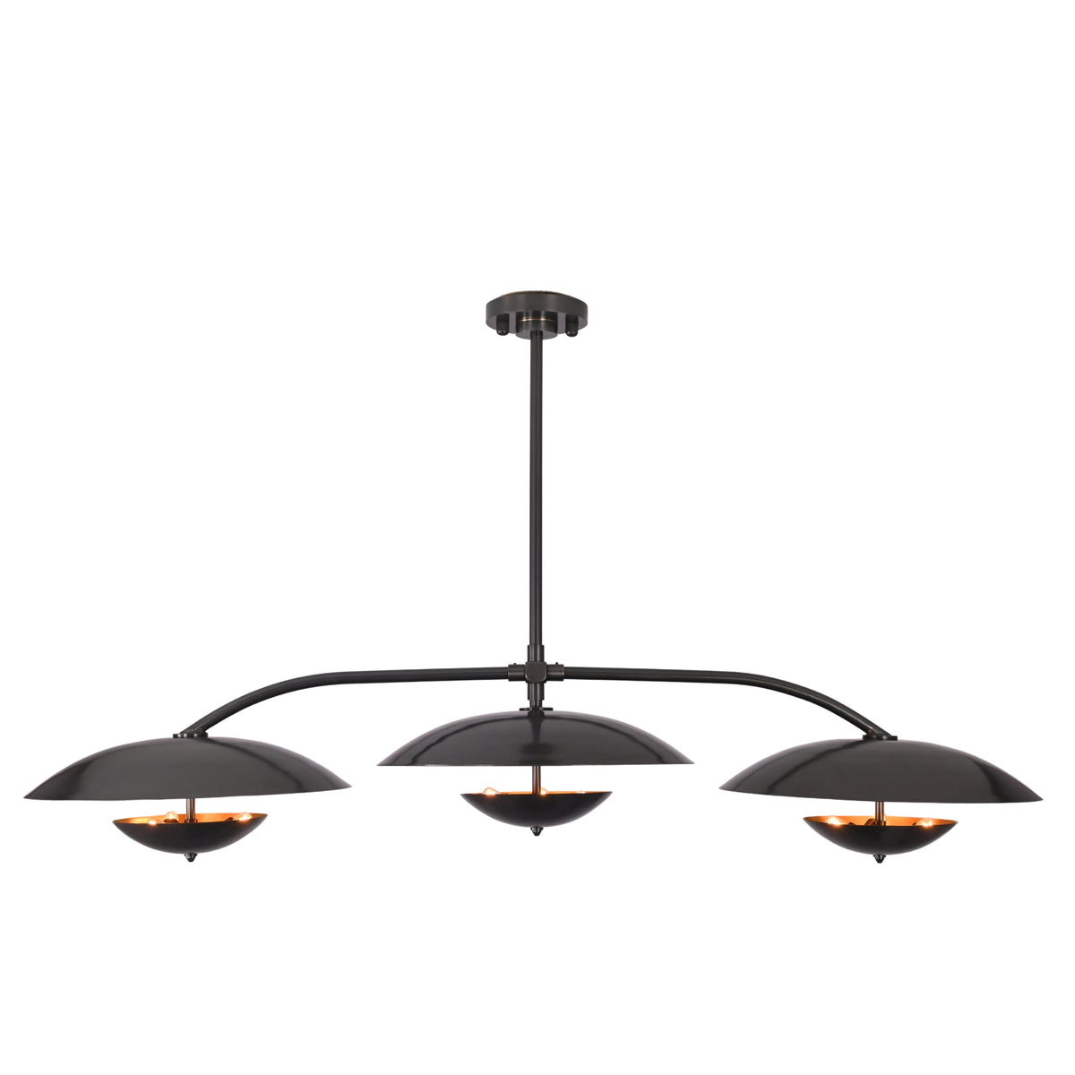 Three light ceiling fixture with sculptural saucer shades, black finish, and warm inner shade detail
