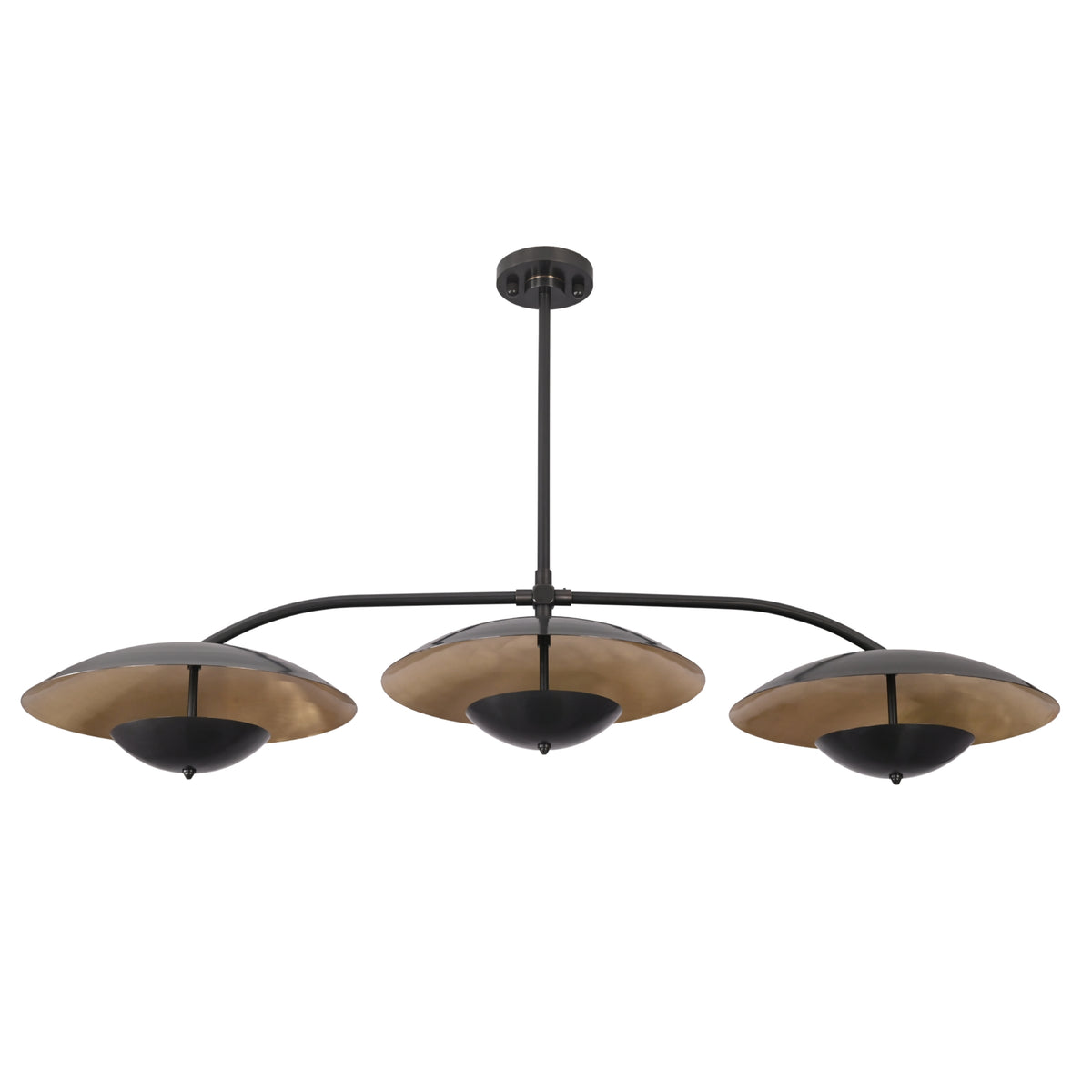 Large black chandelier shown with dimensions, measuring 58 inches wide and 33 inches high