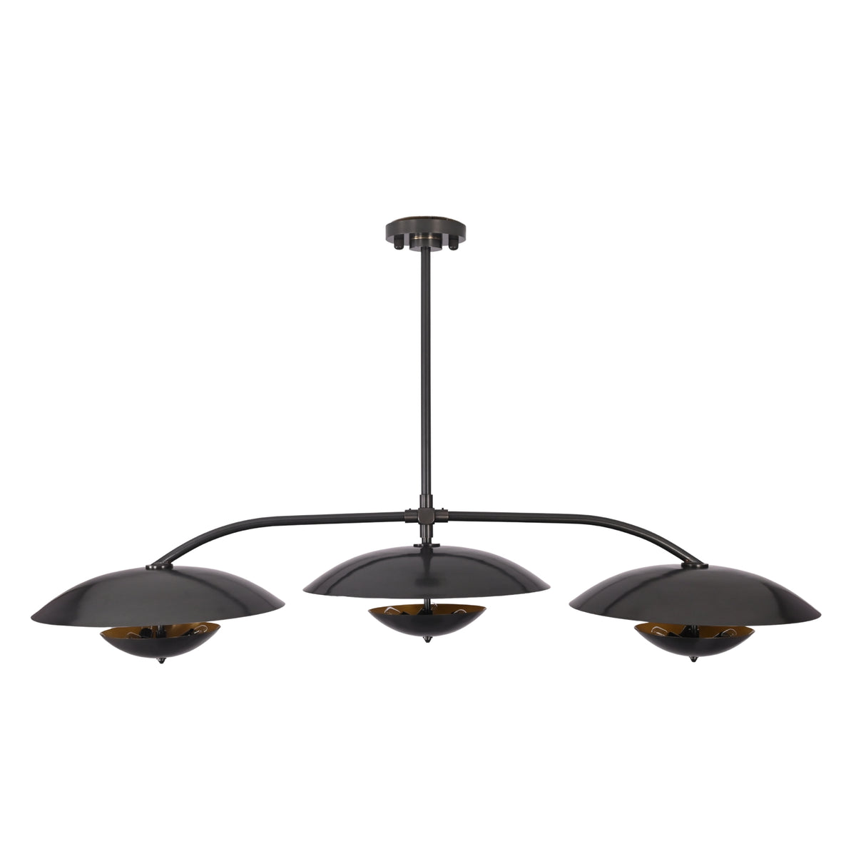 Black chandelier with warm reflective shade interiors designed for dining rooms, living rooms, and entryways