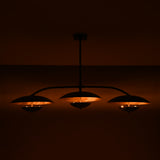 Modern dining room chandelier with three balanced shades, central ceiling rod, and elegant curved arm design