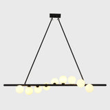 Asymmetric opal globe linear chandelier with nine glowing glass globes arranged along a sleek horizontal bar