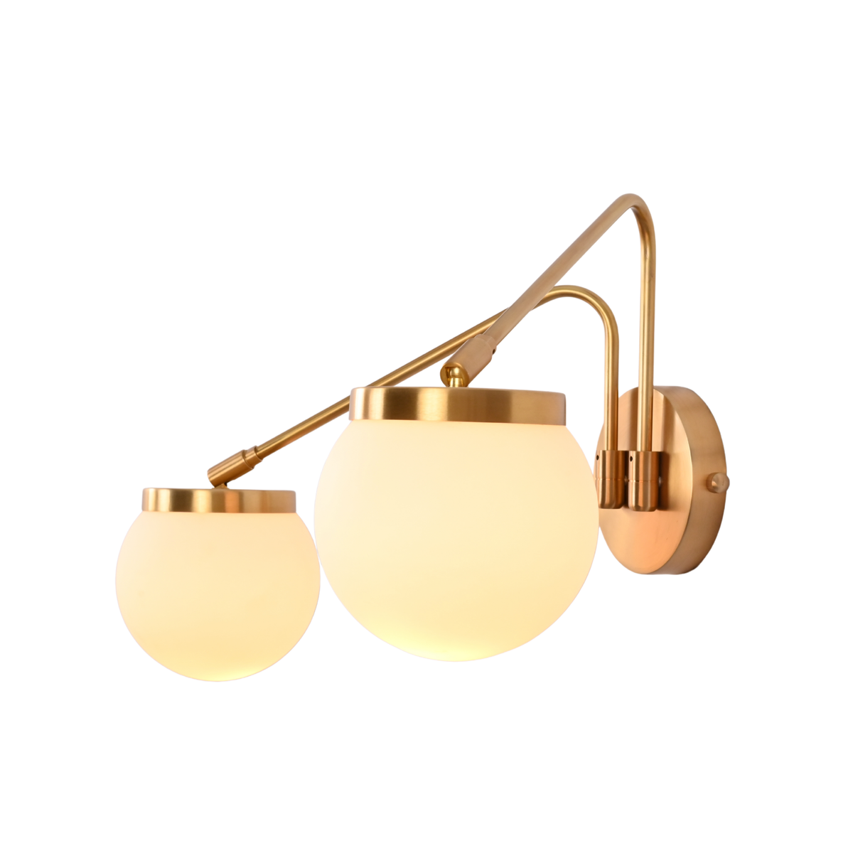 Asymmetrical globe wall sconce with two opal shades and angled arms for decorative accent wall lighting