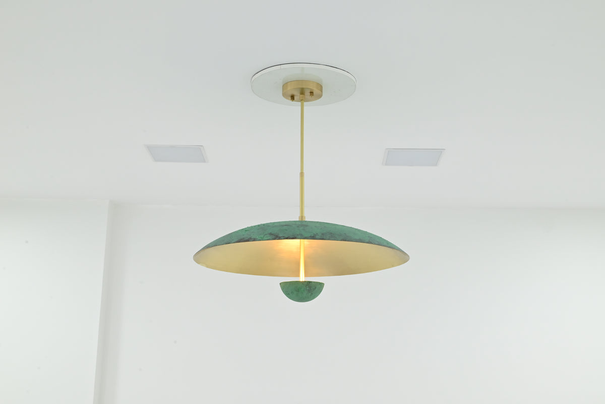Athens 24 inch brass chandelier with broad dome shade, custom drop and architectural ceiling design