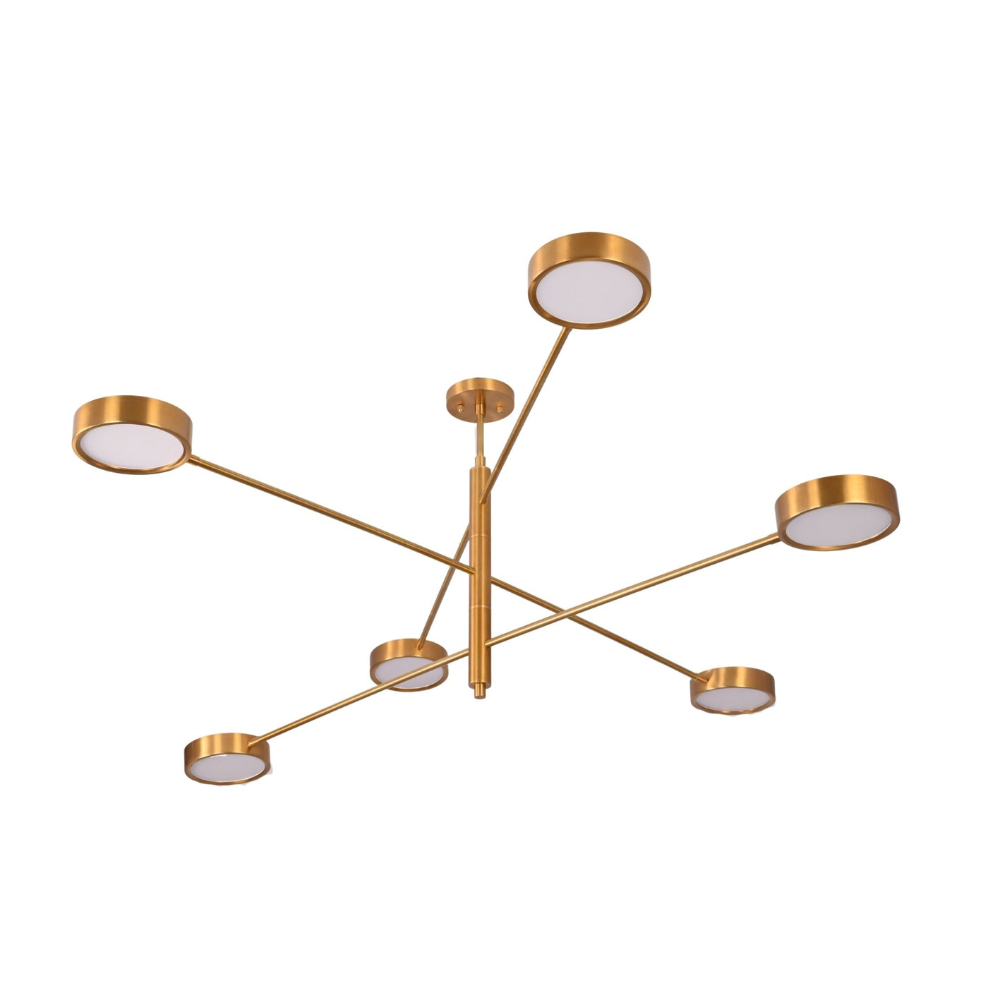 Athens 6-light linear disc chandelier shown in bedroom with warm ceiling illumination and modern brass design