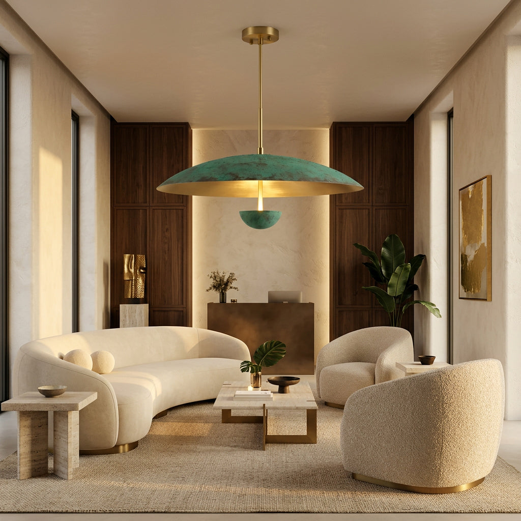 Customizable Athens brass chandelier with adjustable drop length, verdigris dome and warm LED illumination