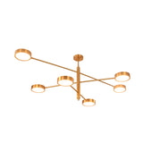Athens disc chandelier illuminated on ceiling with six warm glowing round light heads