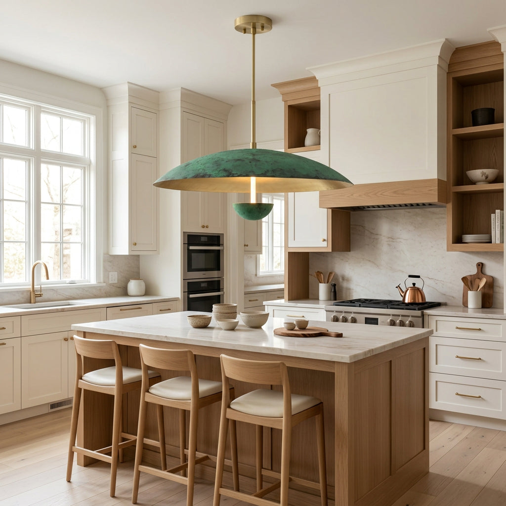 Green patina dome chandelier designed for dining rooms, kitchen islands and modern statement interiors