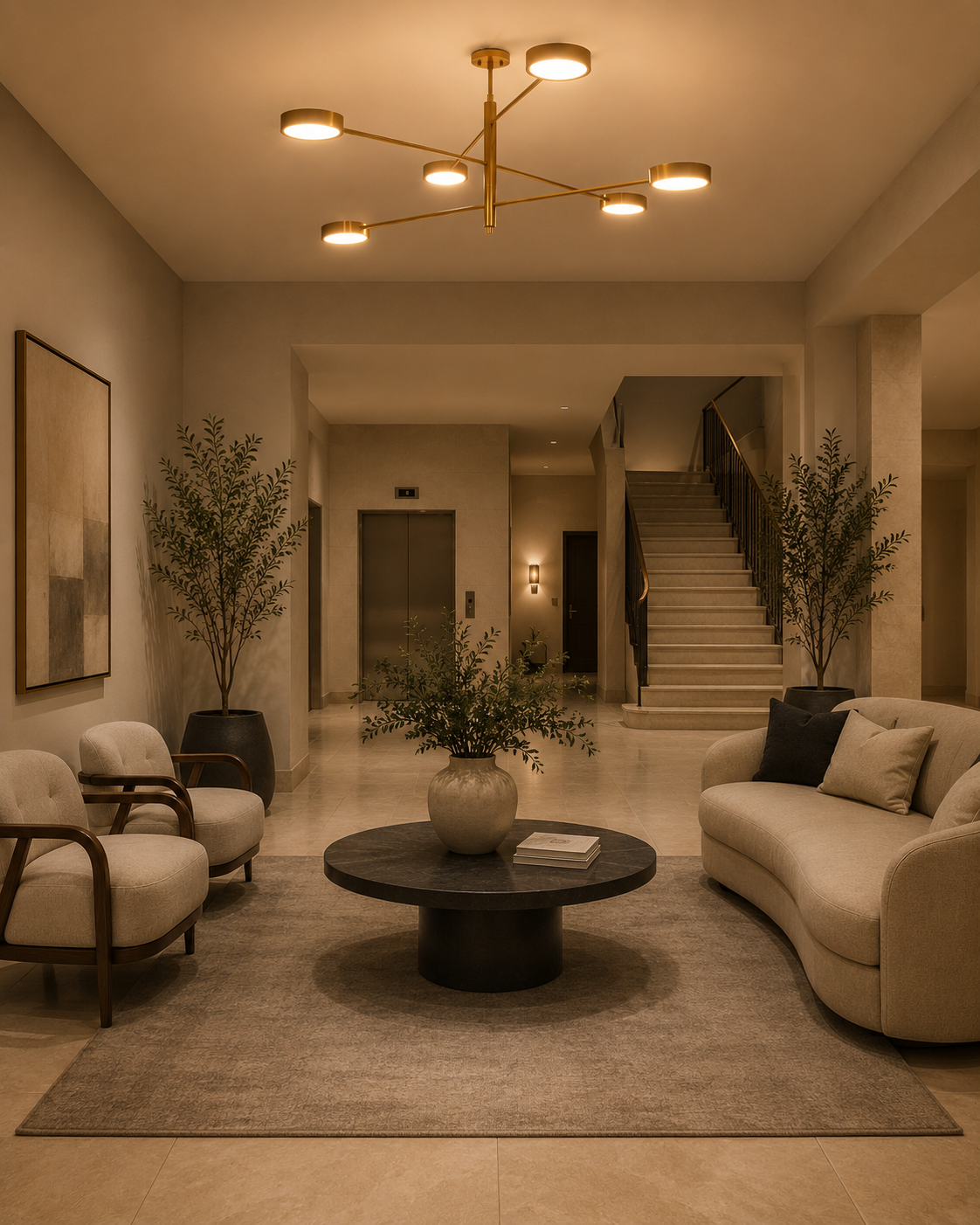 Athens linear chandelier creating warm downward light across bedroom, dining room, and living room spaces