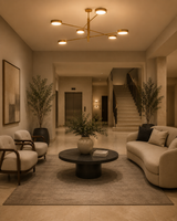 Athens linear chandelier creating warm downward light across bedroom, dining room, and living room spaces