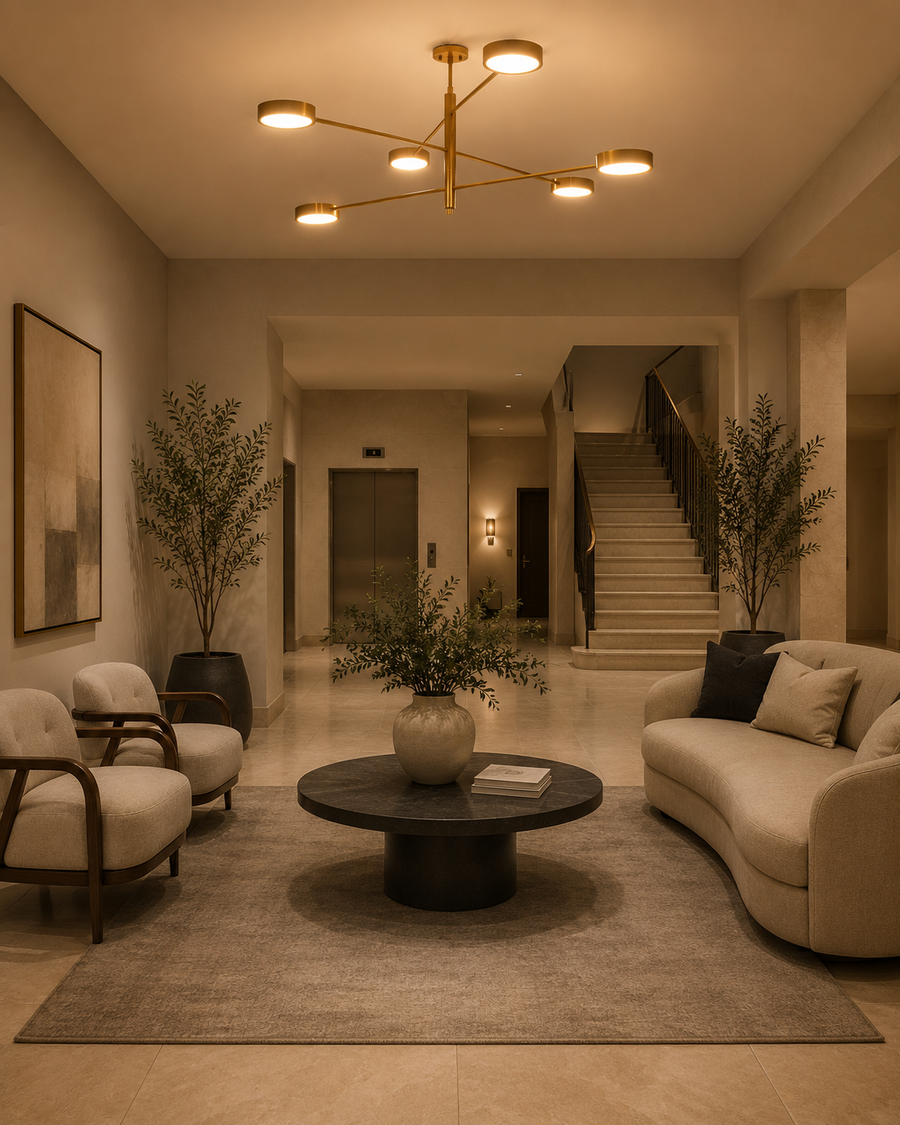 Athens linear chandelier creating warm downward light across bedroom, dining room, and living room spaces