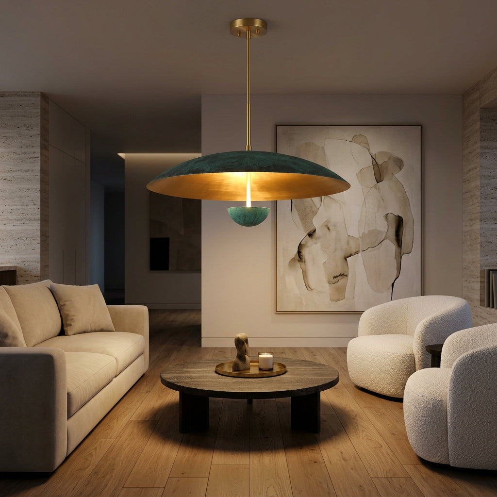 Modern verdigris chandelier with solid brass construction, 24 inch dome and soft indirect lighting