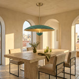 Sculptural brass ceiling light with wide shallow dome, verdigris patina and decorative lower bowl