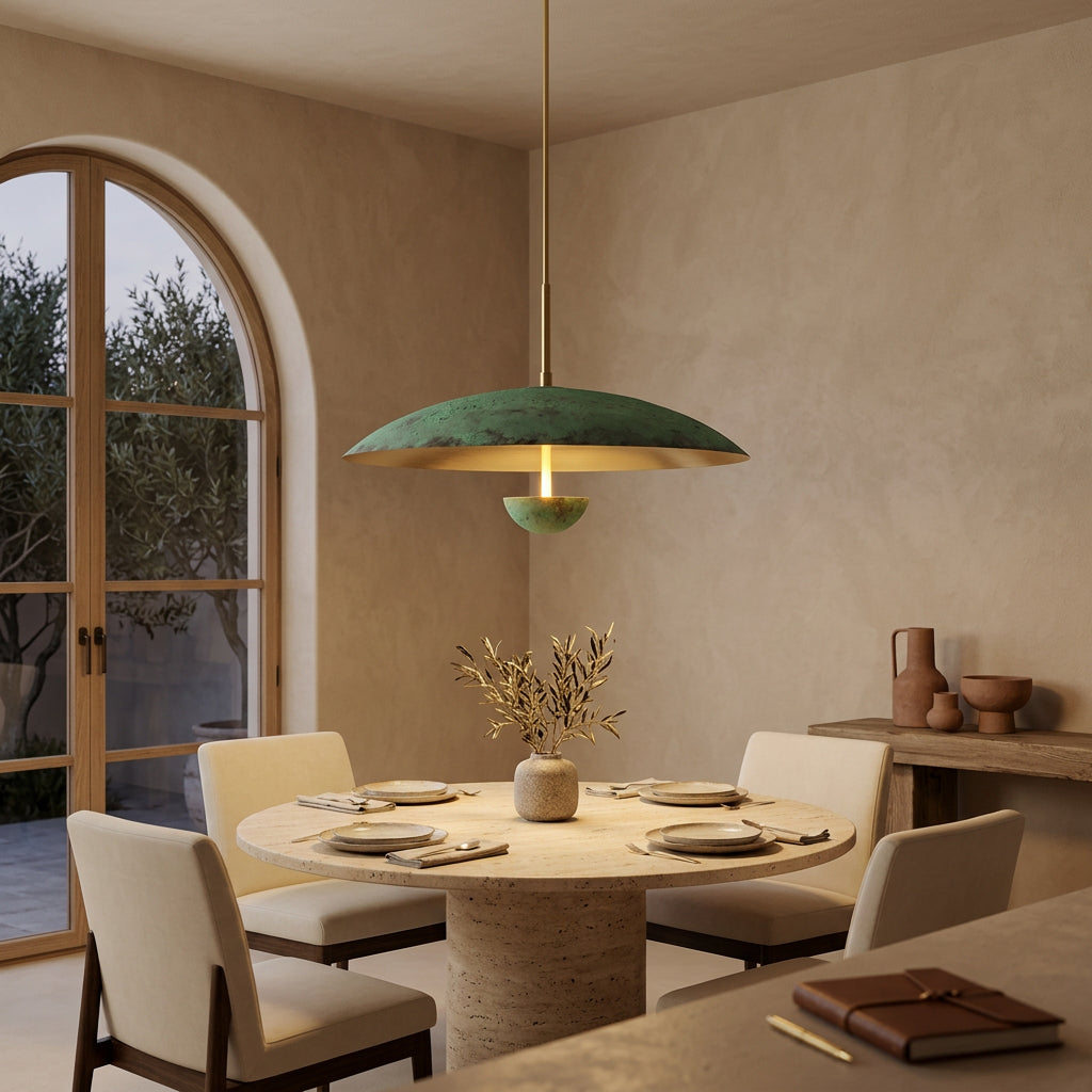 Solid brass statement chandelier with textured verdigris finish and contrasting warm brushed brass interior
