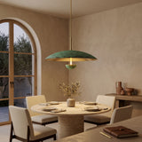 Solid brass statement chandelier with textured verdigris finish and contrasting warm brushed brass interior