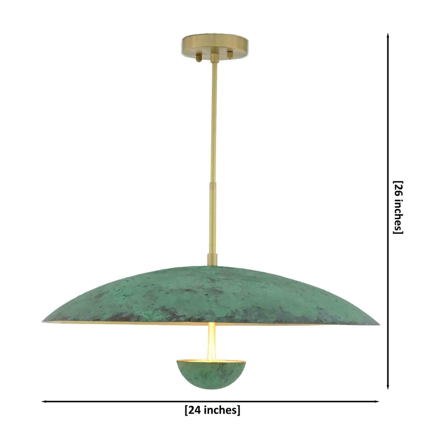Modern verdigris chandelier with solid brass construction, 24 inch dome and soft indirect lighting