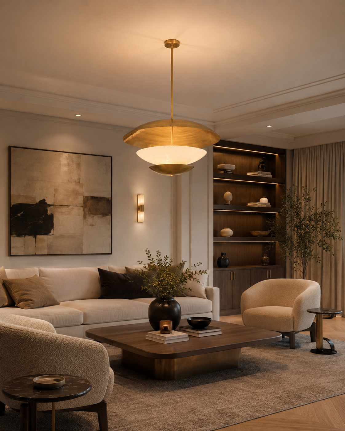 Aurelia disc chandelier side view with floating layered shade profile and refined ceiling-mounted rod design
