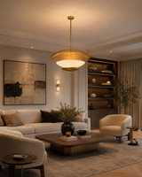 Aurelia disc chandelier side view with floating layered shade profile and refined ceiling-mounted rod design