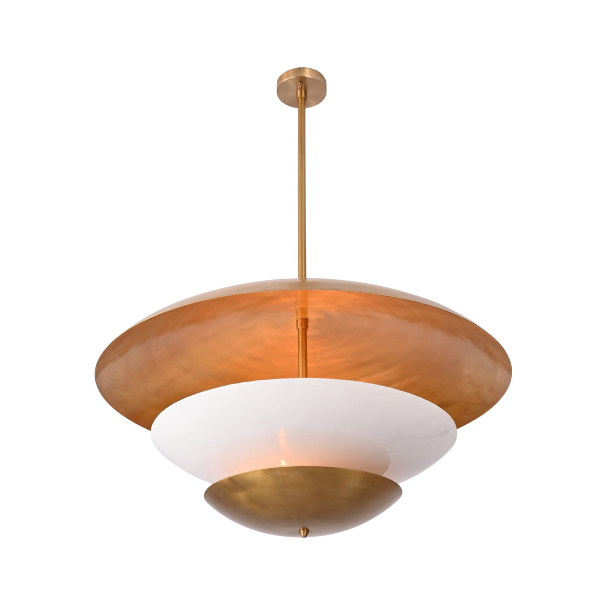 Aurelia tiered disc pendant light shown in a warm living room with layered shade design and soft ambient glow