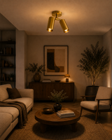 Aurora Dual Cylinder Ceiling Spotlight in brushed brass installed in a modern living room, featuring adjustable cylindrical spotlight heads with warm ambient illumination.